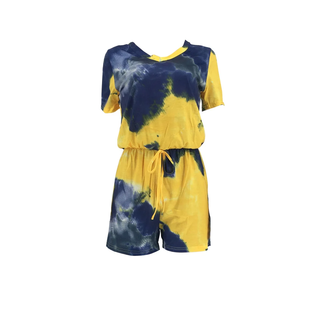 Women Playsuit, Tie-dyed Printed Pattern Short Sleeve One-piece