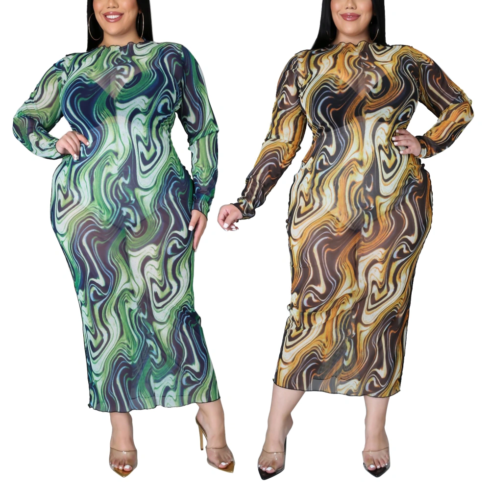 Female Dress, Wave Print Round Neck Long Sleeve Package Hip One-Piece