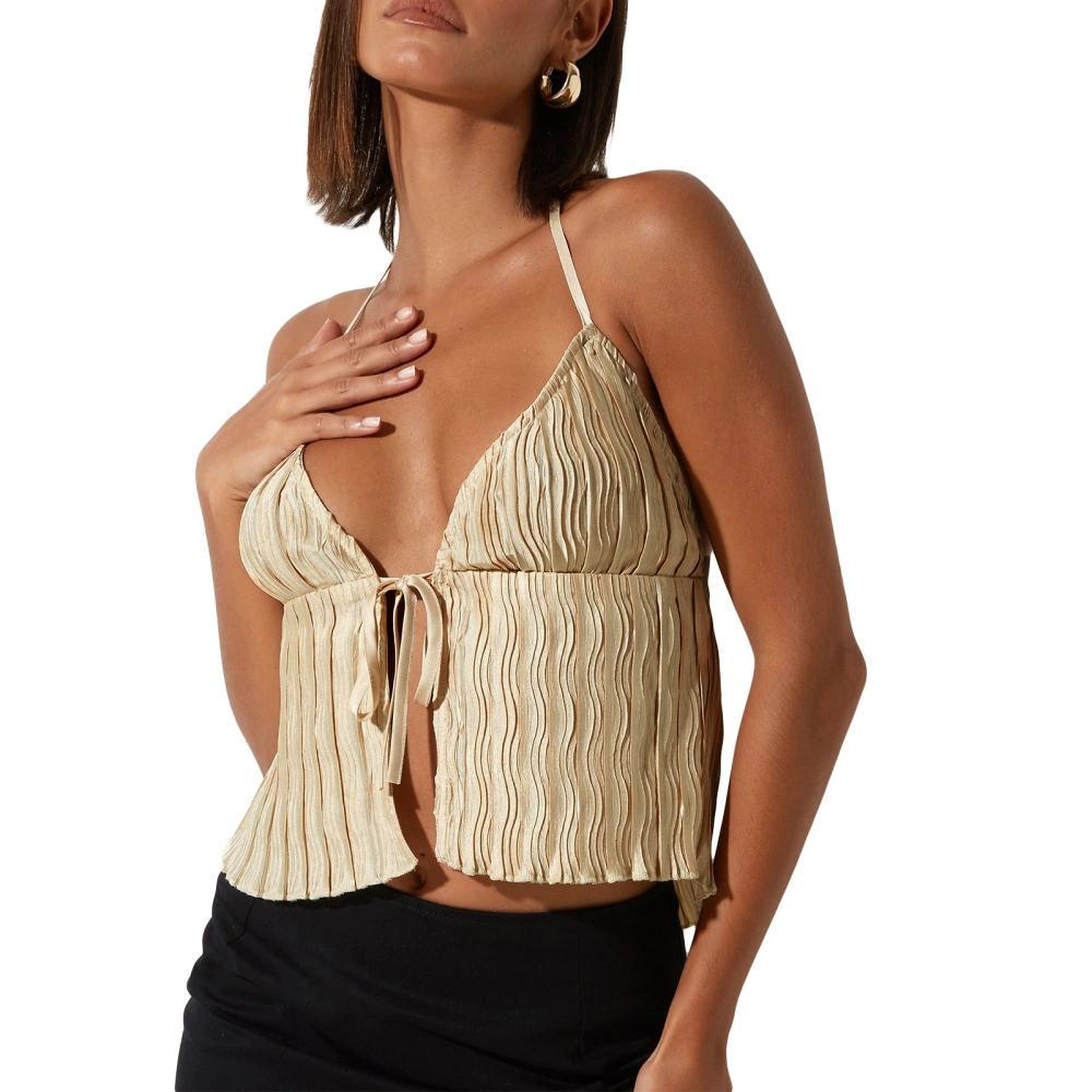 Women Bandage Pleated Halterneck Tops Slit Hem Summer Backless Tops