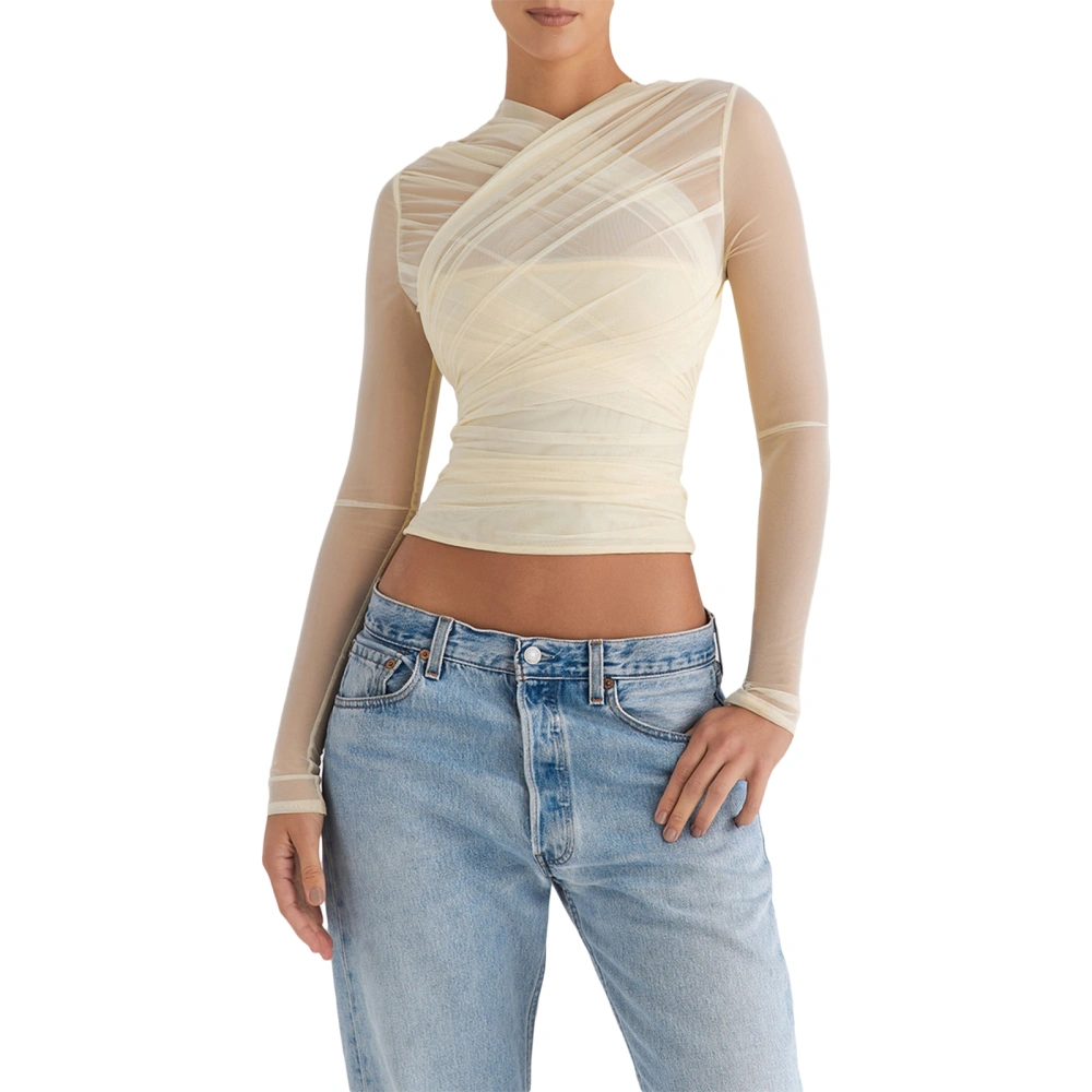 Women Short Shirt Long Sleeves Solid Color Tulle See Through Tops 