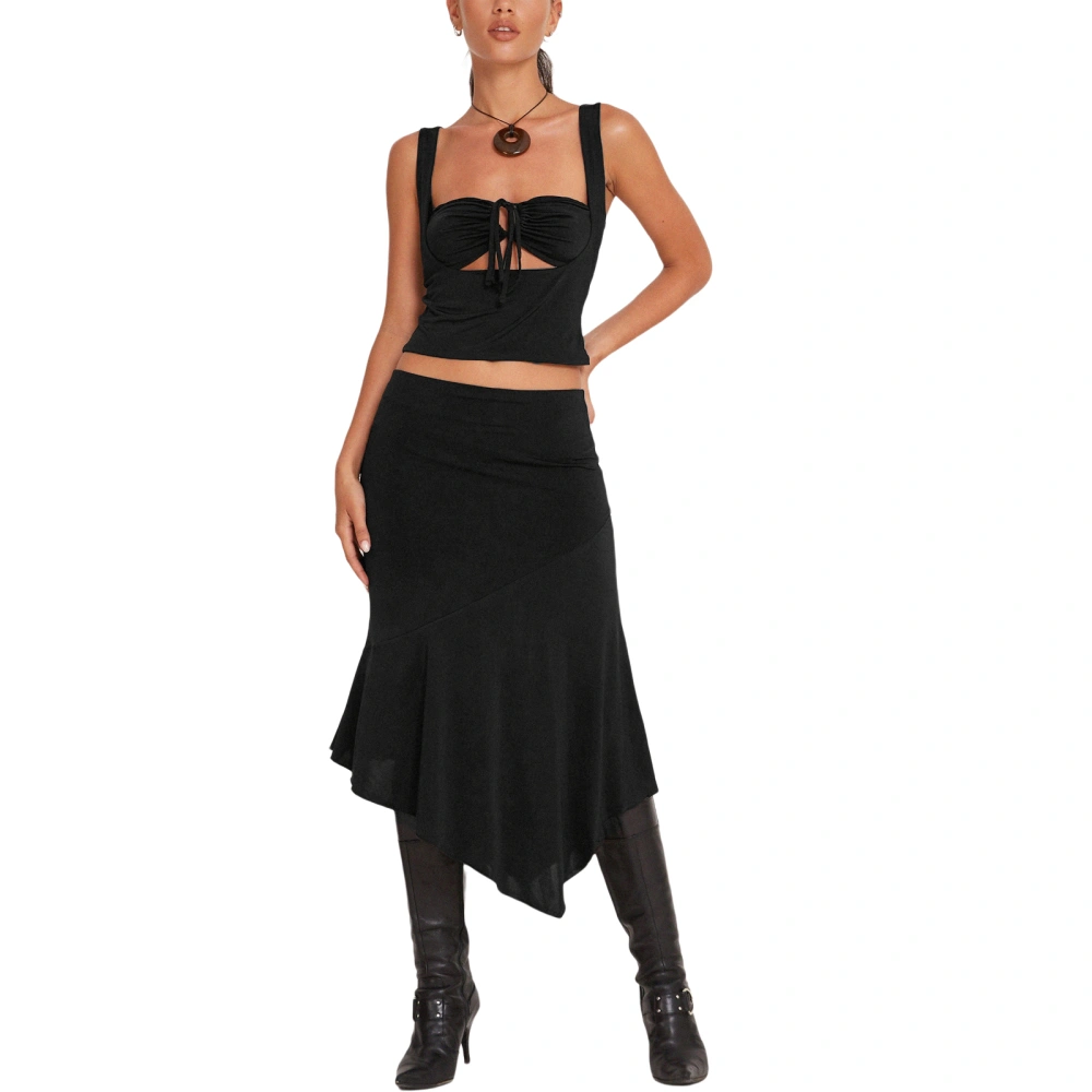 Women's Sleeveless Tie Up Tank Tops + Black Irregular Hem Long Skirt