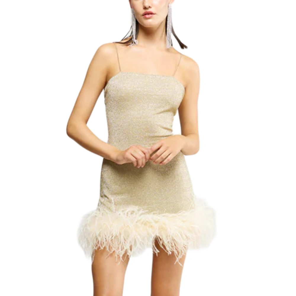 Women's Shiny Party Dress Spaghetti Strap Feather Trim Mini Dress