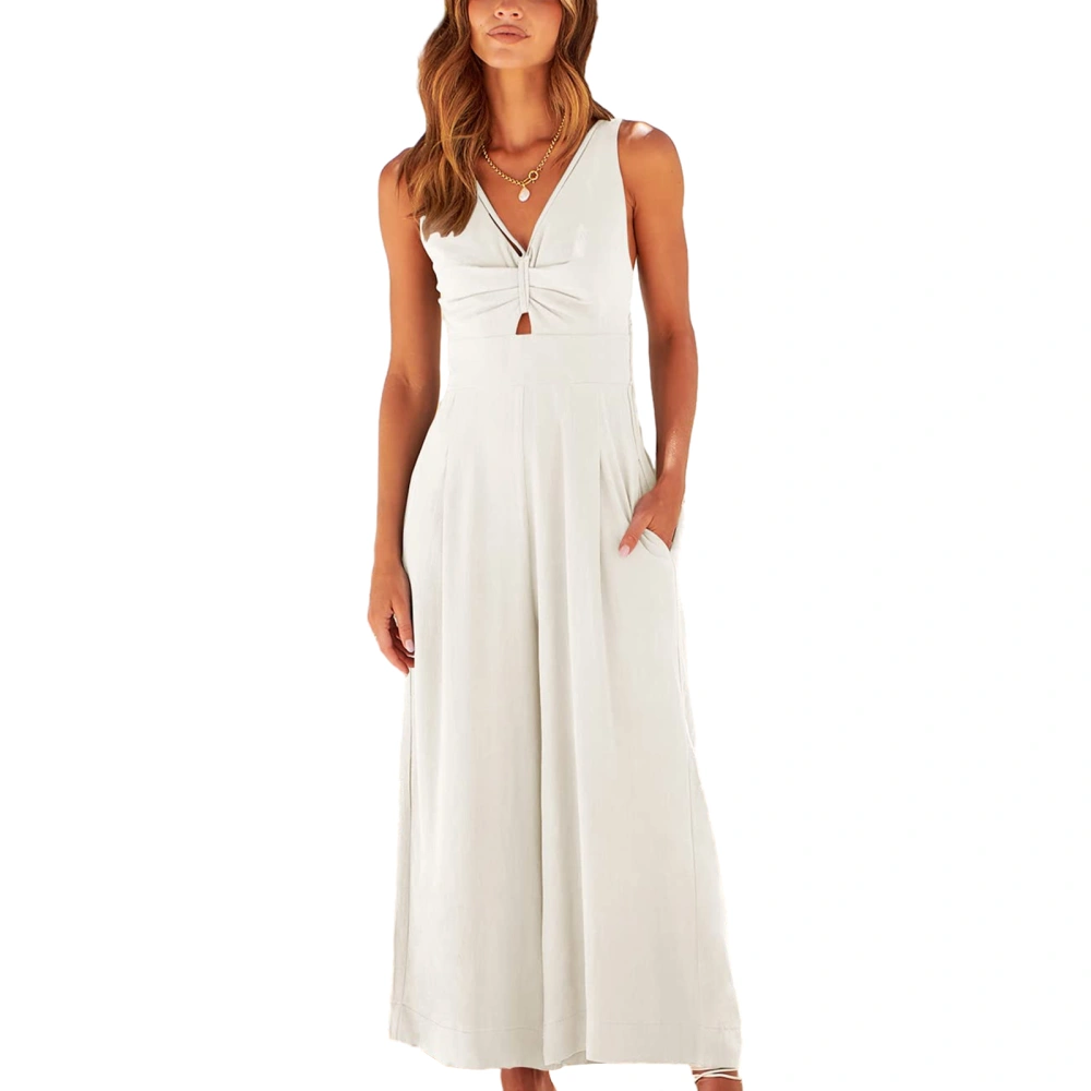 Women's Sleeveless Jumpsuit, Solid Front Ruched Wide Leg Romper