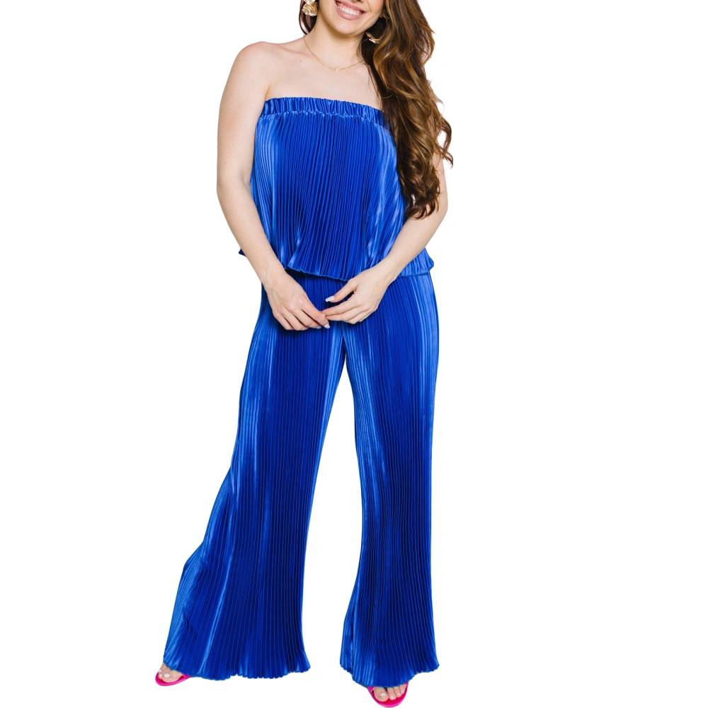 Women 2 Piece Outfits Pleated Tube Top and Elastic Wide Leg Pants 