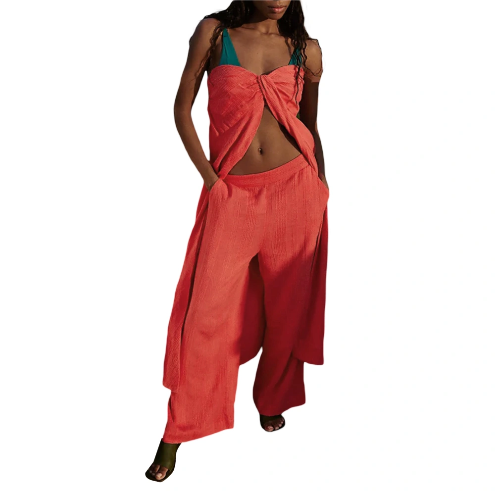 Women's Off Shoulder Open Front Tube Tops Wide Leg Pants Sets