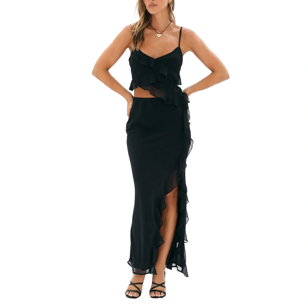 Women's Solid Color Ruffle Cami Tops Long Bodycon Skirt Sets