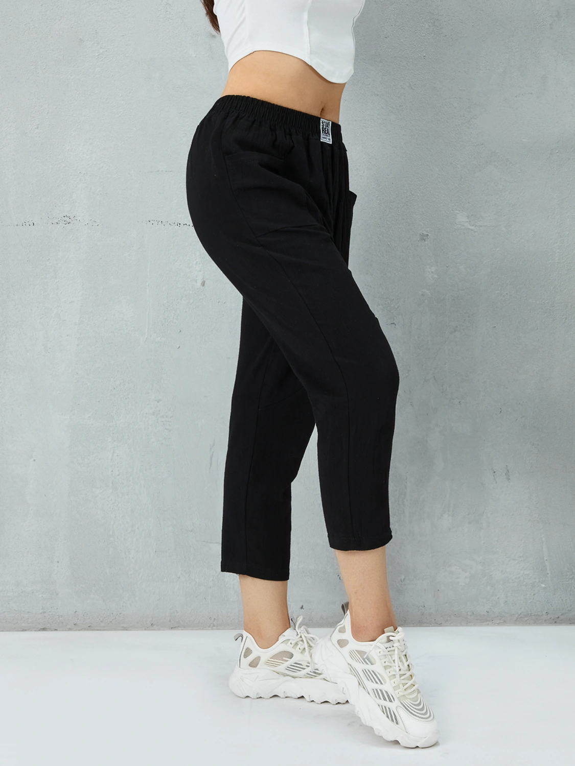 Women Casual Pants Solid Color Elastic Waist Trousers with Pockets