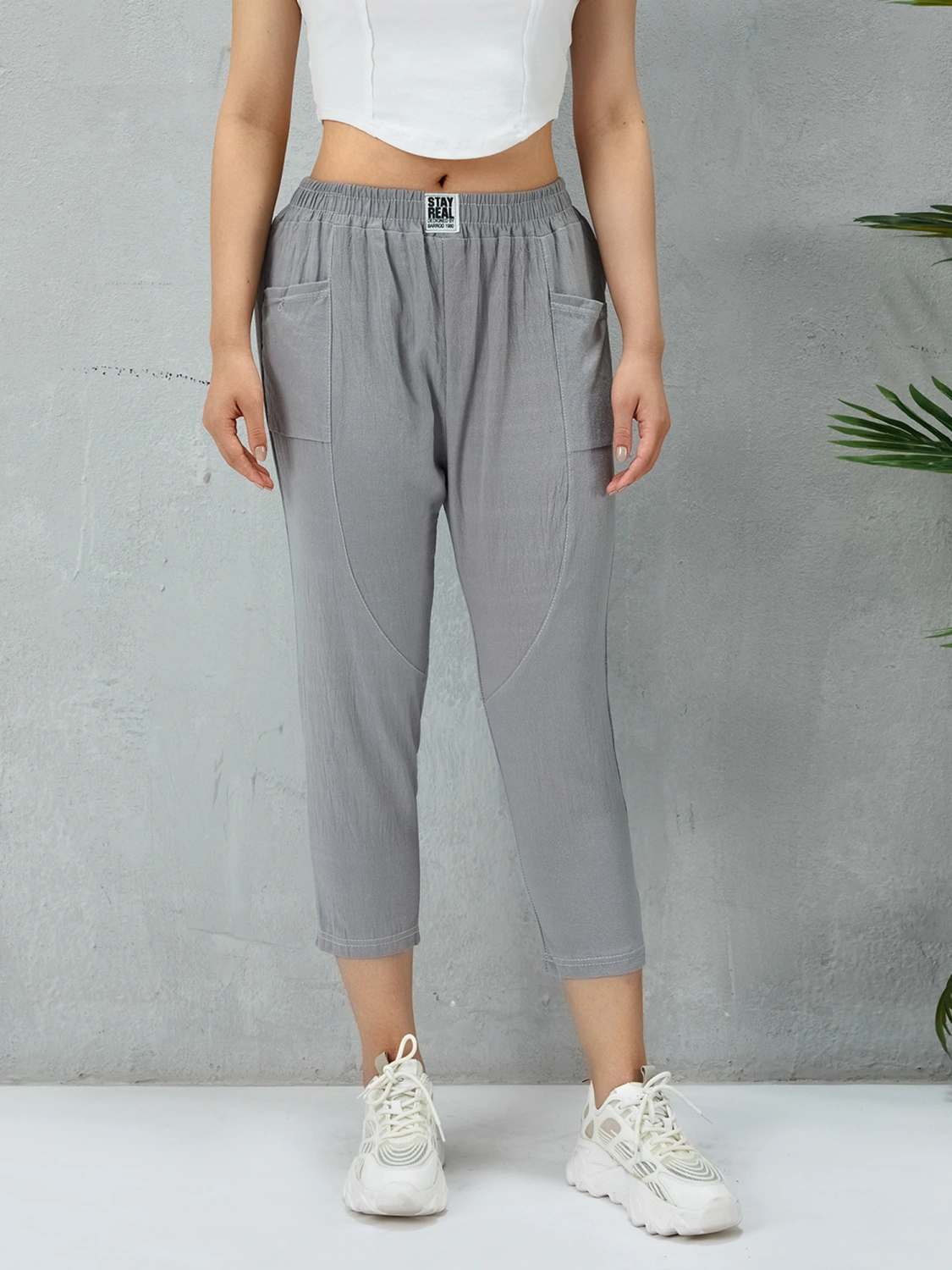 Women Casual Pants Solid Color Elastic Waist Trousers with Pockets