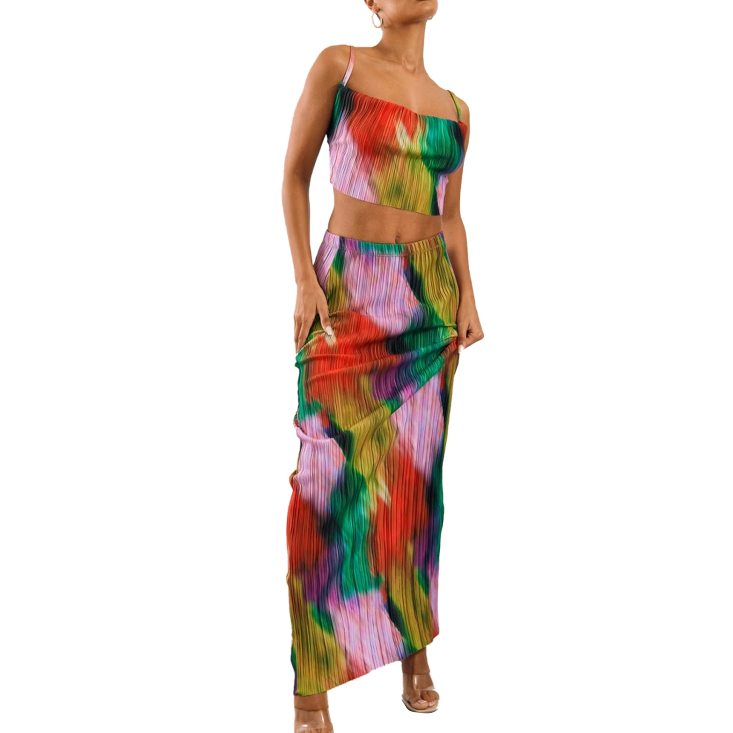 Women Skirt Set, Tie-dye Print Camisole with High Waist Long Skirt