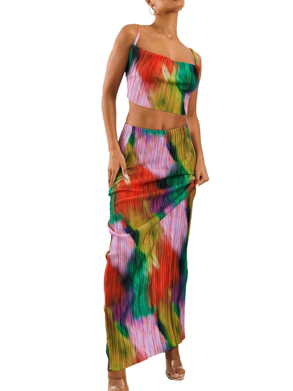 Women Skirt Set, Tie-dye Print Camisole with High Waist Long Skirt