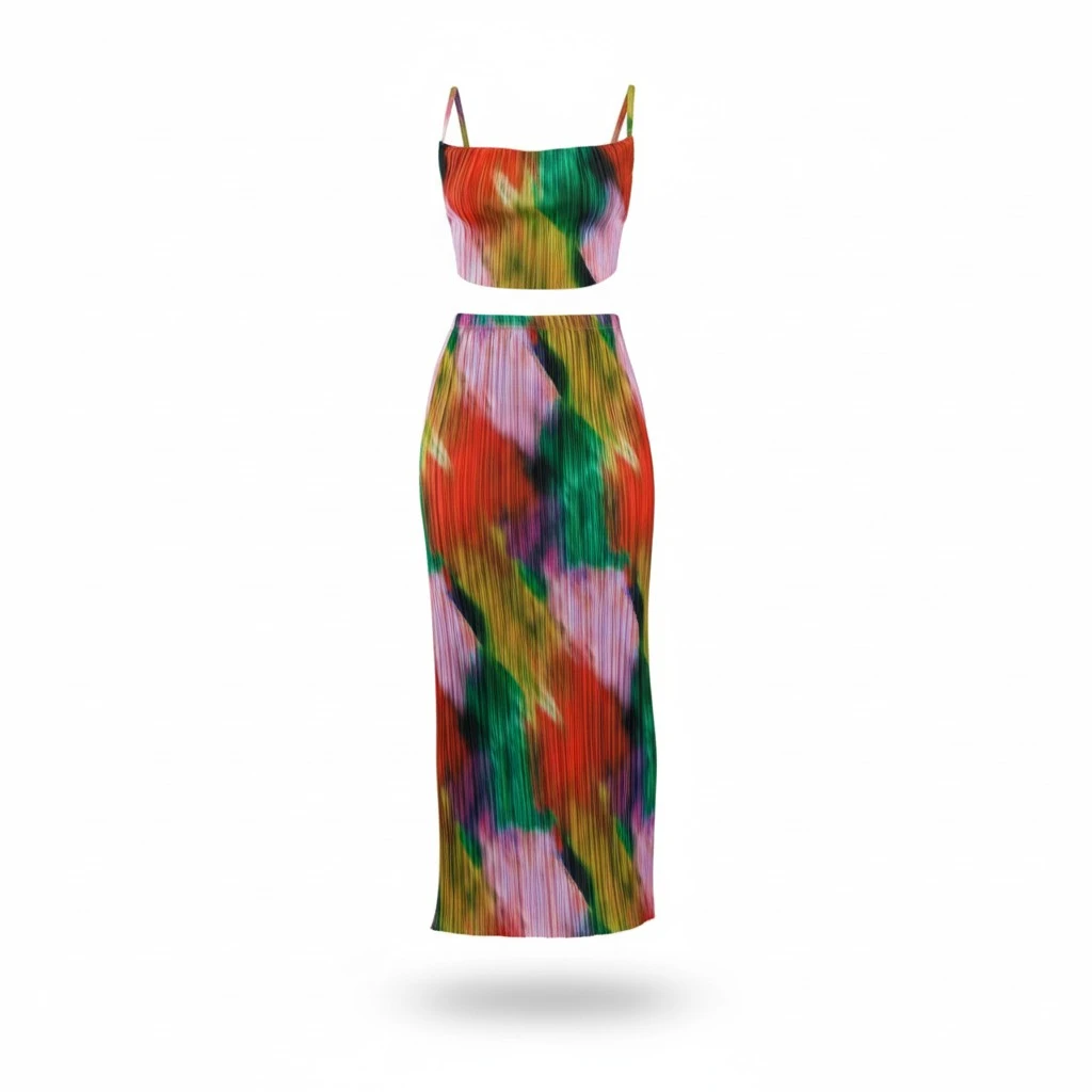 Women Skirt Set, Tie-dye Print Camisole with High Waist Long Skirt