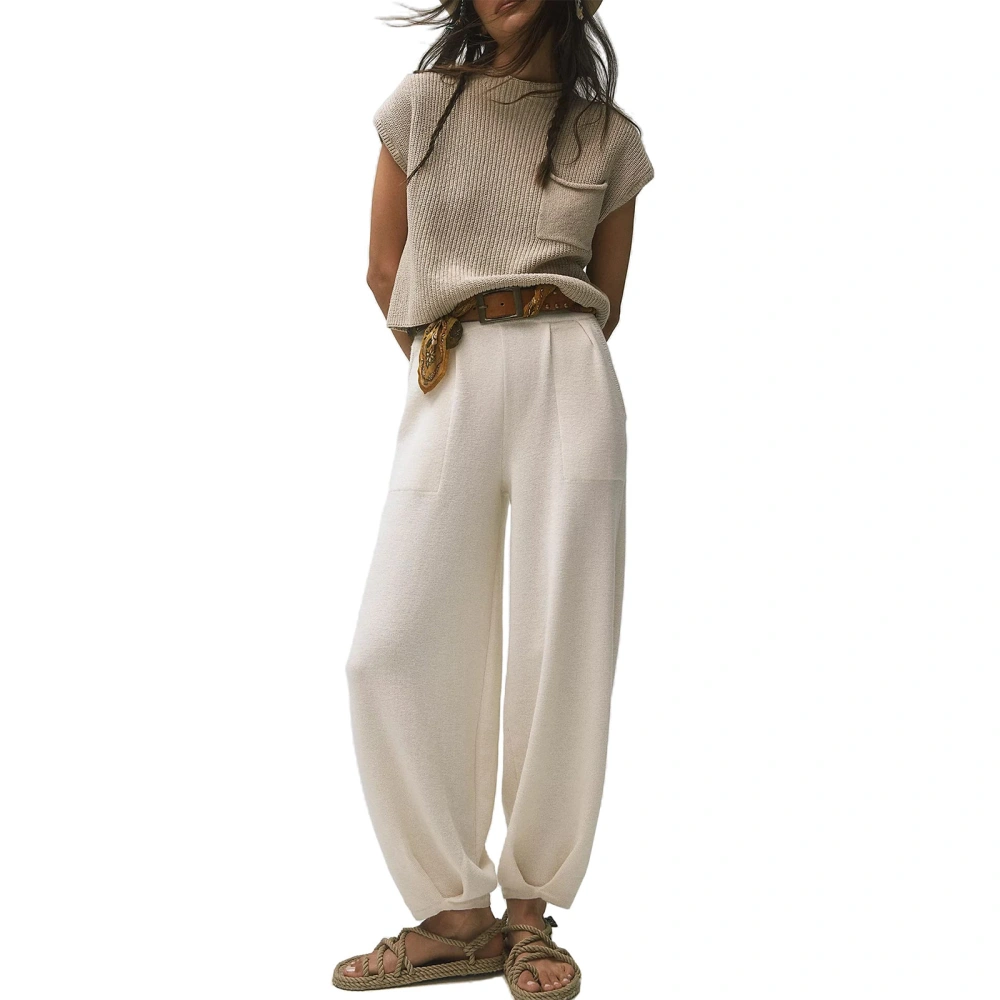 Women Solid Color Pants Elastic High Waist Side Pockets Trousers