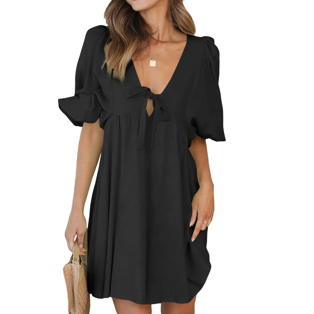 Women's Summer Solid Color Short Sleeve V Neck Short Beach Dress