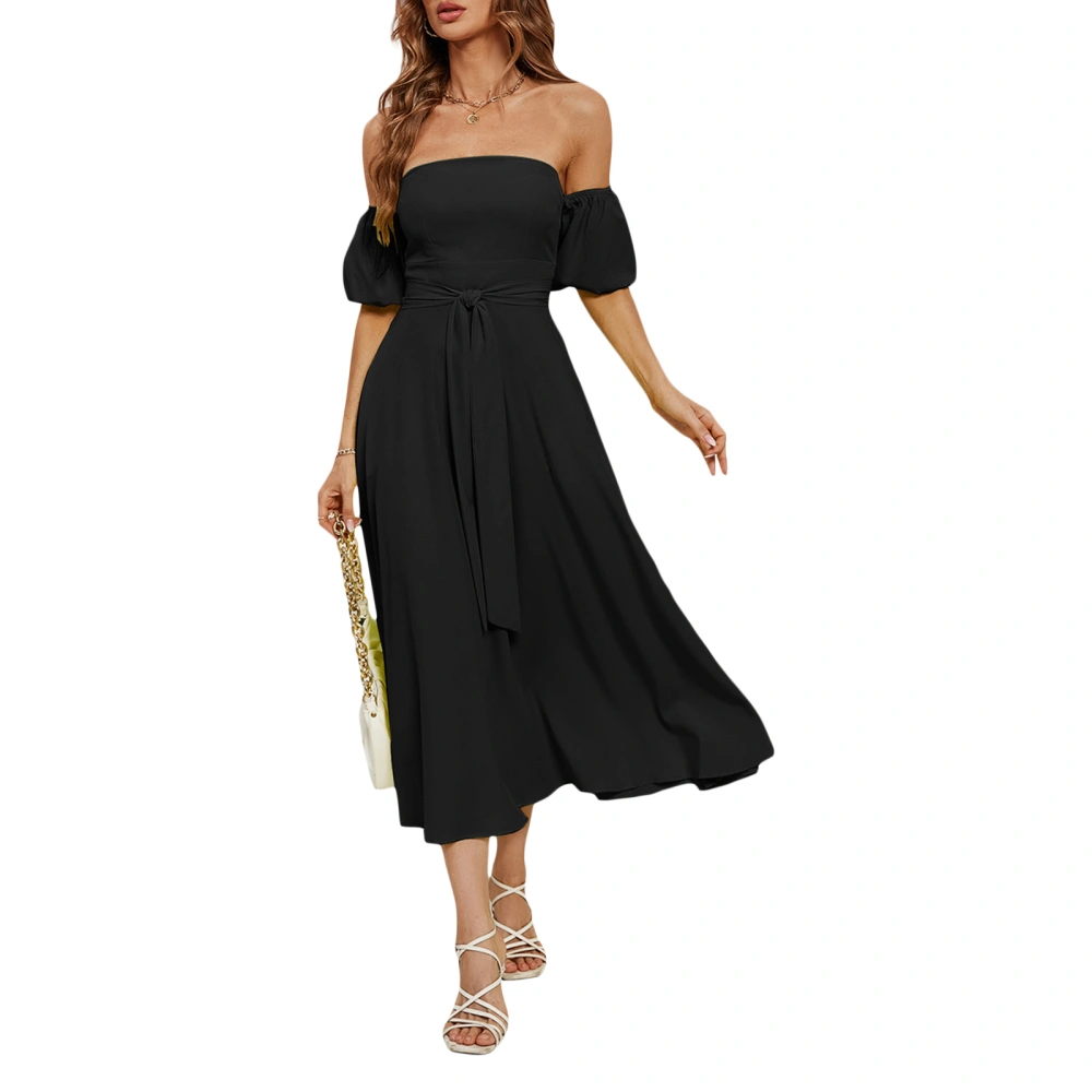 Women A-line Dress Solid Color Boat Neck Off Shoulder Long Dress