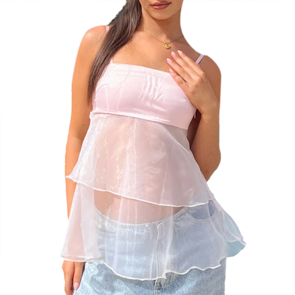 Women Sheer Mesh Camisole Ruffle Hem Sleeveless Shirt Summer Tank Tops