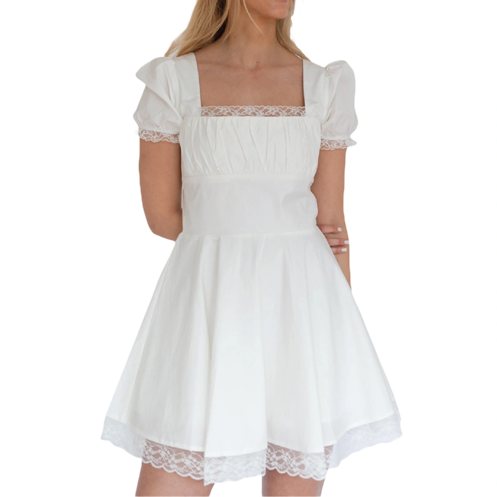 Women Summer Casual A-line Dress Lace Trim Square Neck Dress