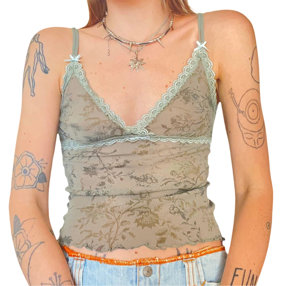 Women's Summer Green Sleeveless V Neck Floral Going Out Tops