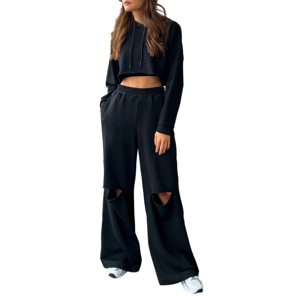 Women's Long Sleeve Drawstring Crop Tops Long Wide Leg Pants Sets