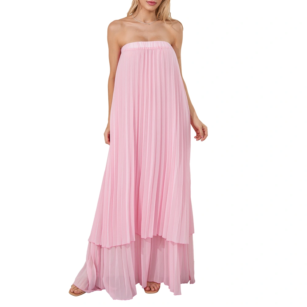 Women's Tube Top Dress Strapless Solid Color Pleated Long Dress