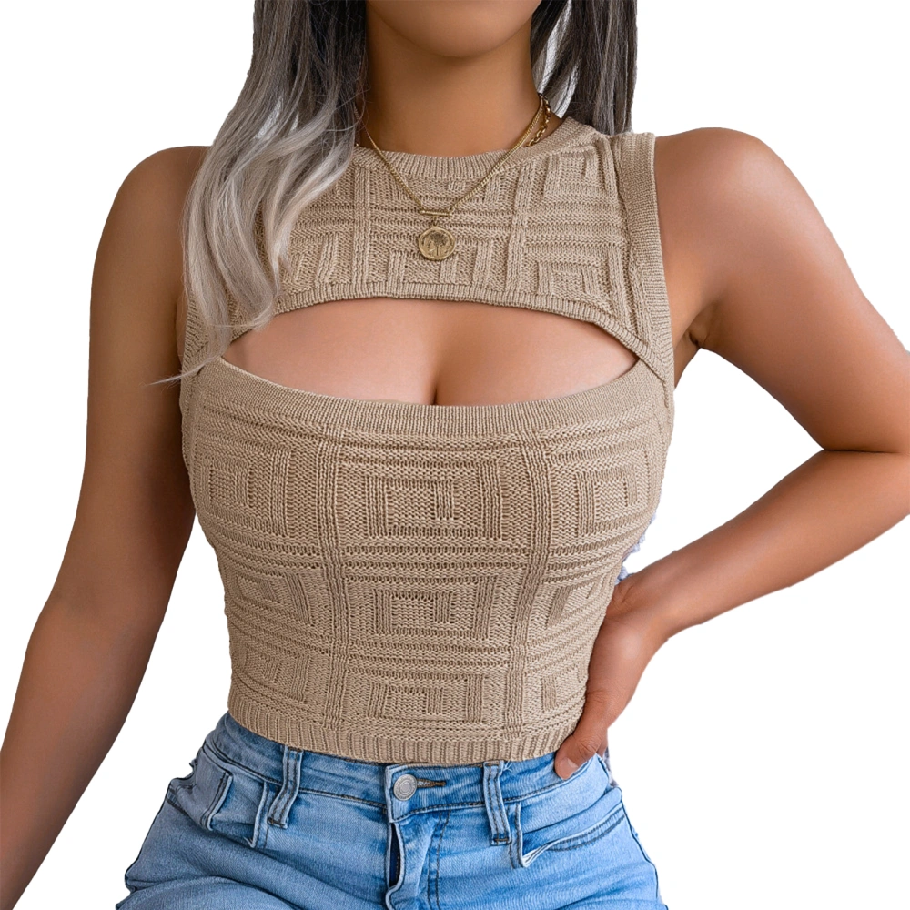 Women Knit Tank Tops Solid Color Cutout Crew Neck Vests Streetwear