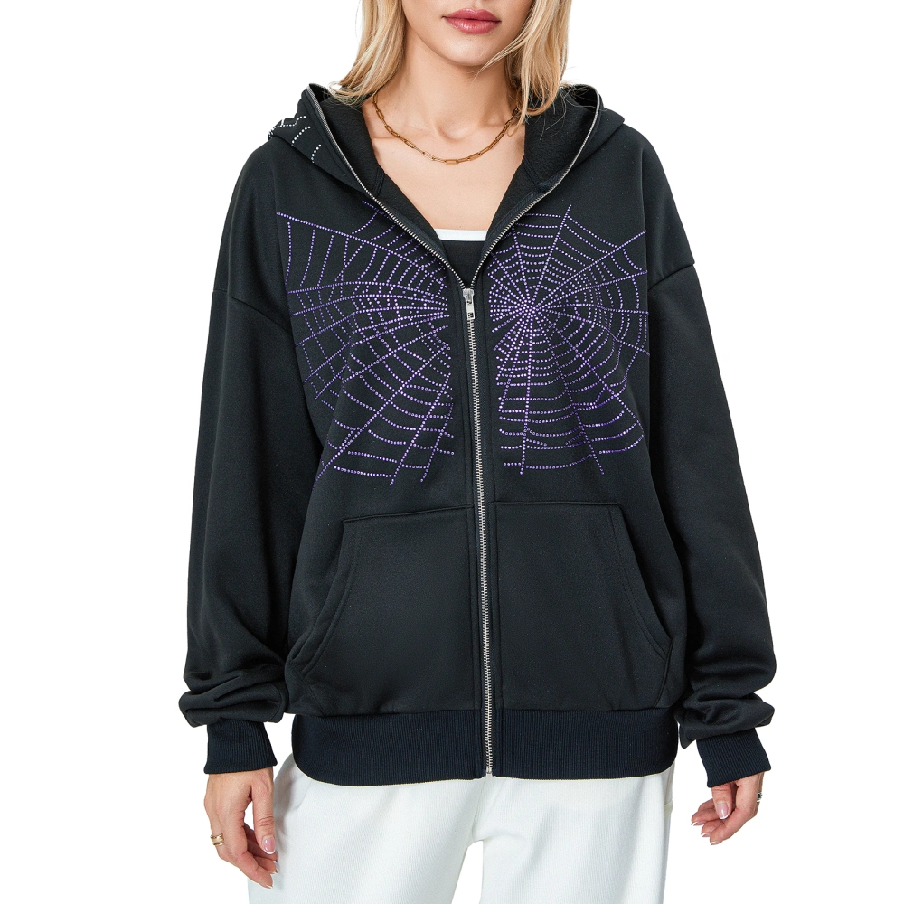 Women Halloween Sweatshirt Rhinestone Spider Web Print Zip Hoodies 