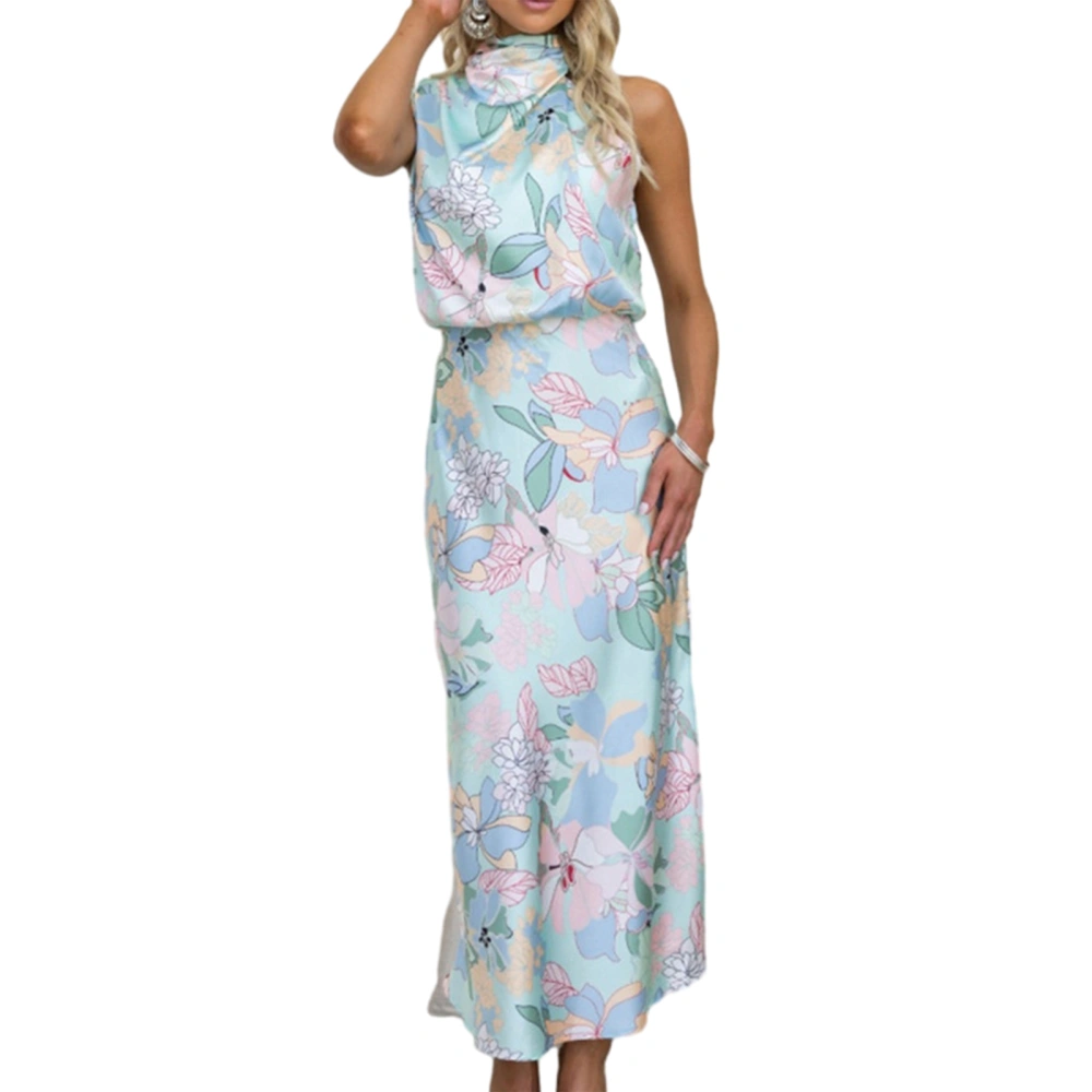 Women Summer Casual Long Dress Flower Print Tie-Up Satin Dress