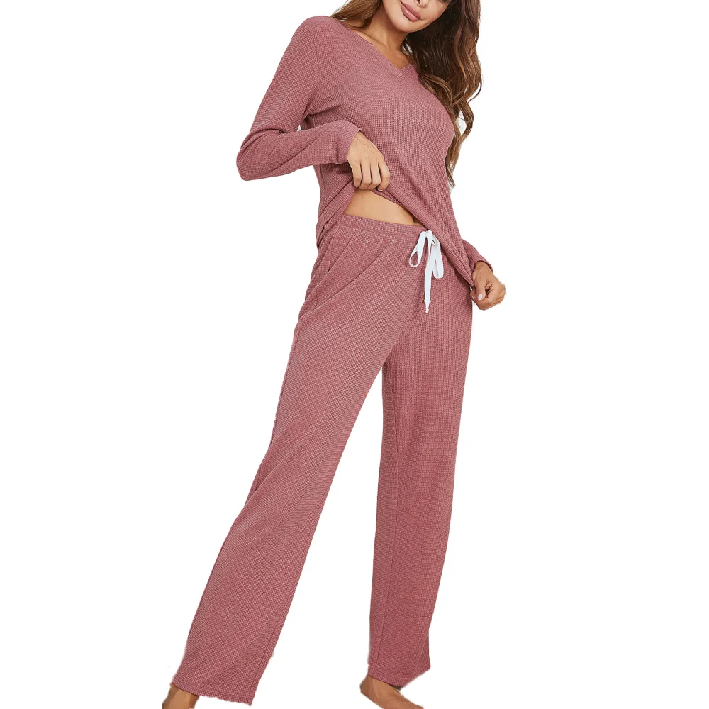 Women Long Sleeve Long Pants Home Wear, Casual Solid Color Two-pieces Set