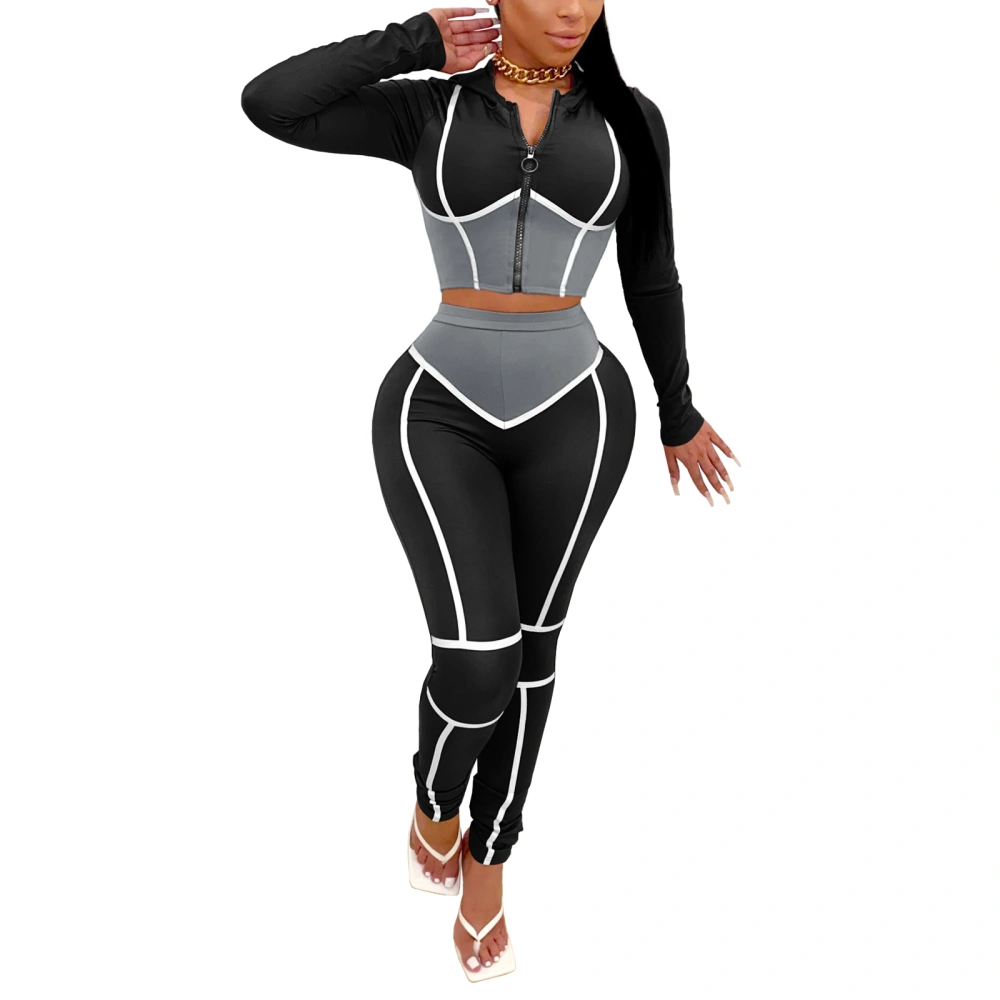 Women Color Block Tracksuits, Long Sleeve Hooded Crop Top + Pencil Pants