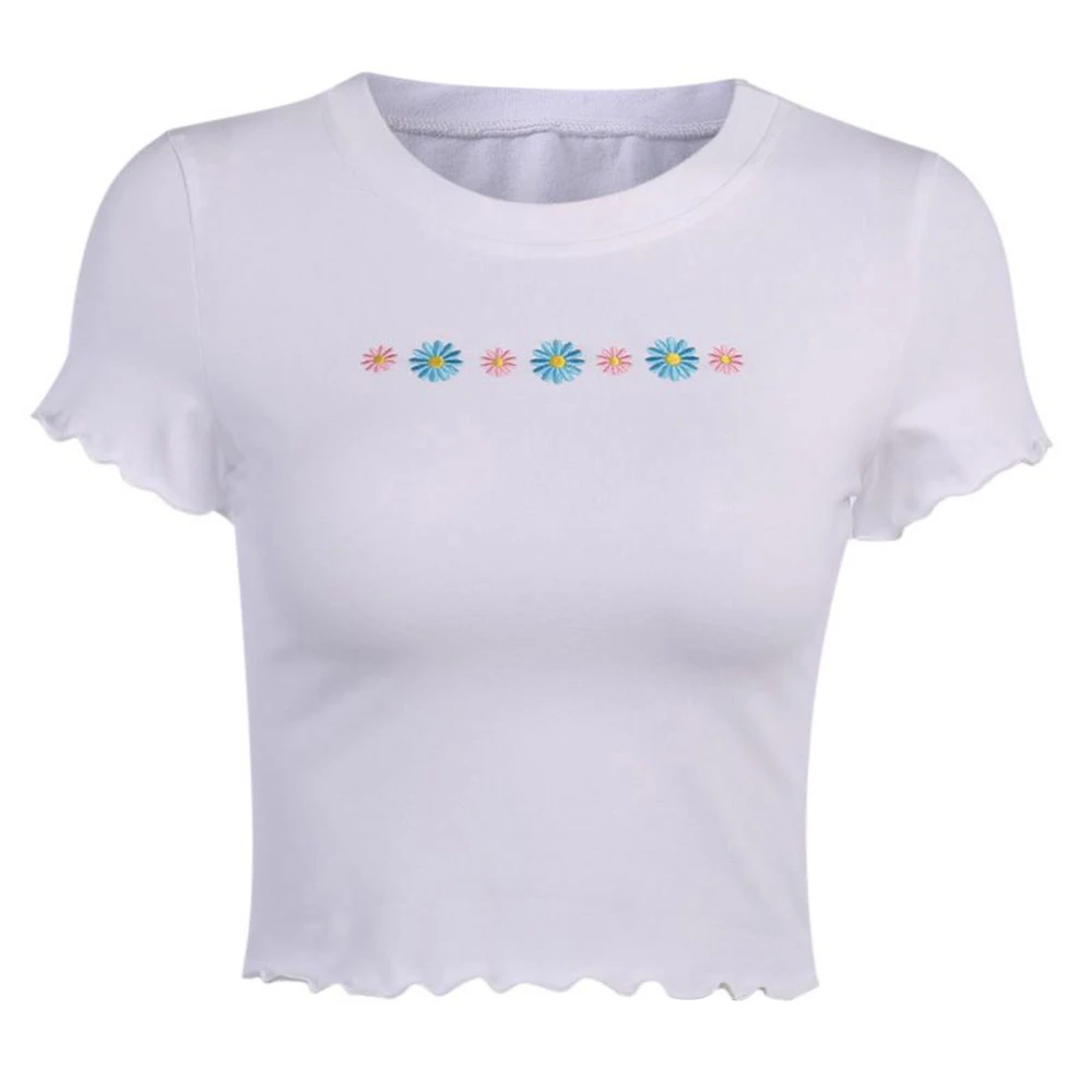 Women Fashion Short Sleeve Flower Embroidery T-shirt Round Neck Tops