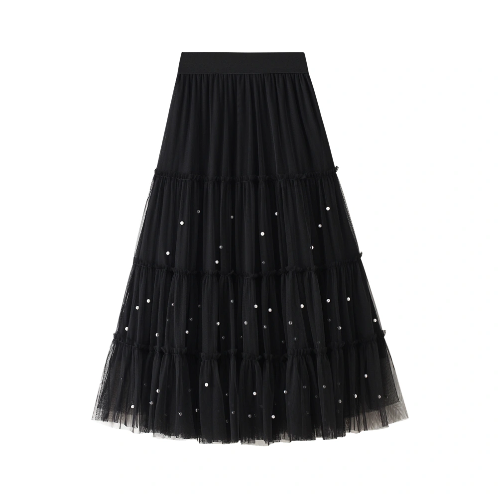 Beaded A-line Skirt, Autumn and Winter Casual Style Patchwork Mesh Skirt