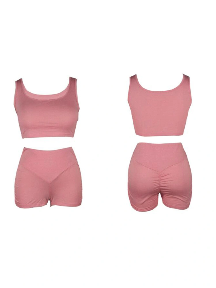 2Pcs Women Summer Tracksuits, Solid Color Low-Cut Crop Tops + Ruffled Shorts