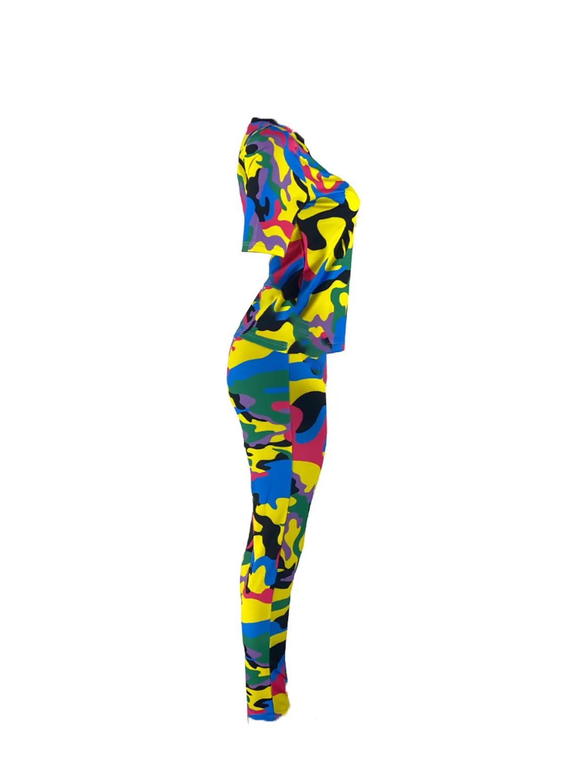 Women's Round Collar High Waist Two-pieces Set, Tight Camouflage Printing Suit