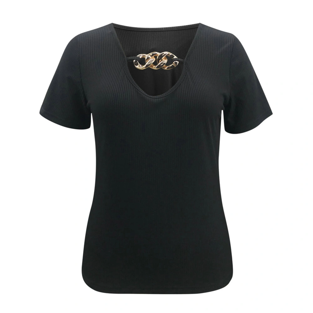 Woman's Solid Color T-shirt, Chain U-neck Low-cut Short Sleeve Ribbing Tops