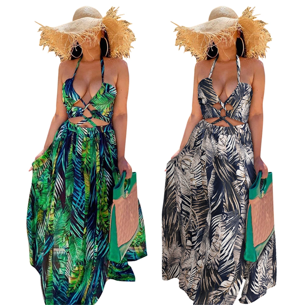 Women Sexy Split Dress, Sleeveless Deep V-neck Leaves Print One-piece