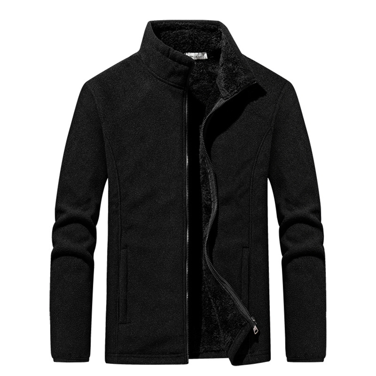 Man's Polar Fleece Jacket, Solid Color Stand Collar Plush Cardigan