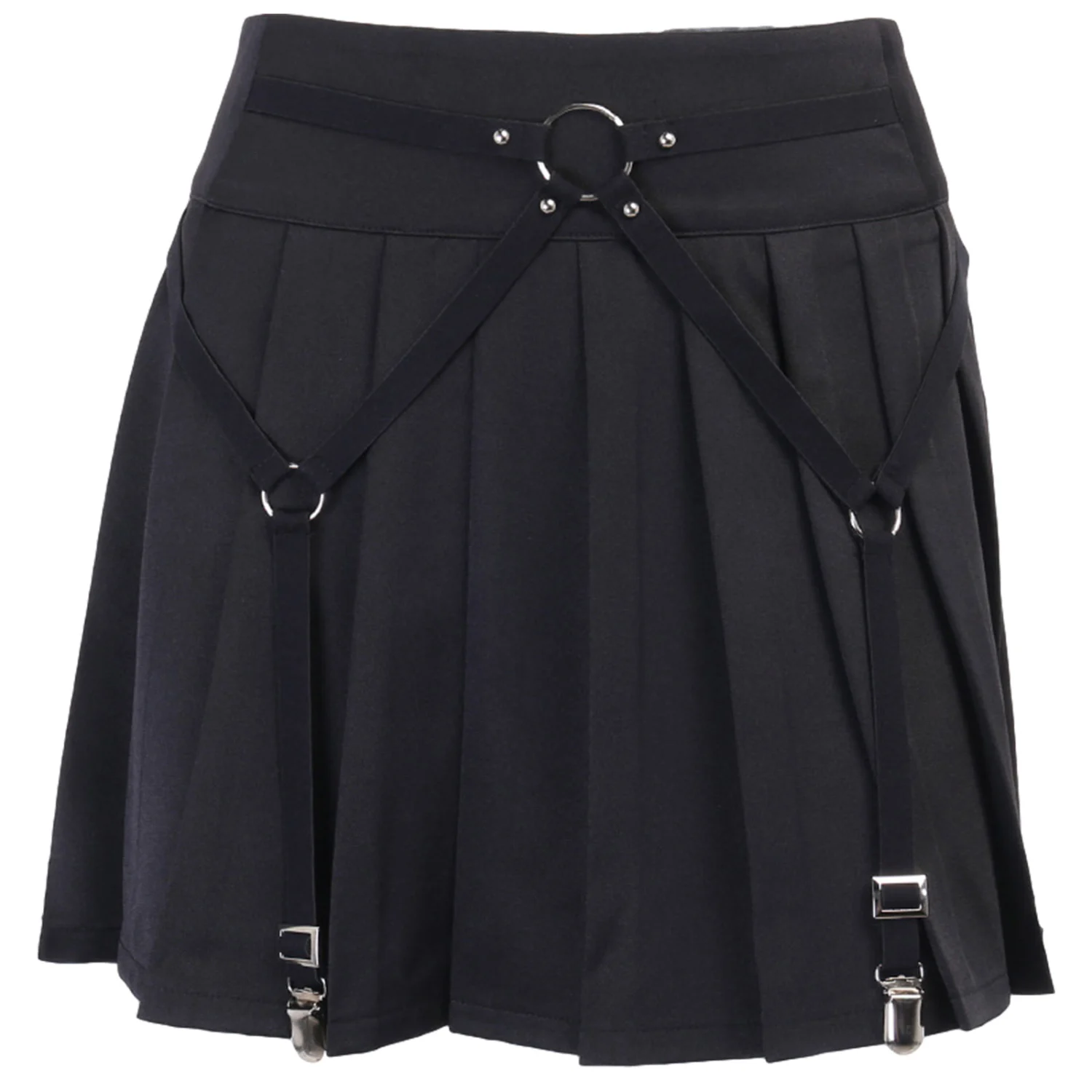 Women Mini Punk Style A-Line High Waist Pleated Rings Zipper Skirt