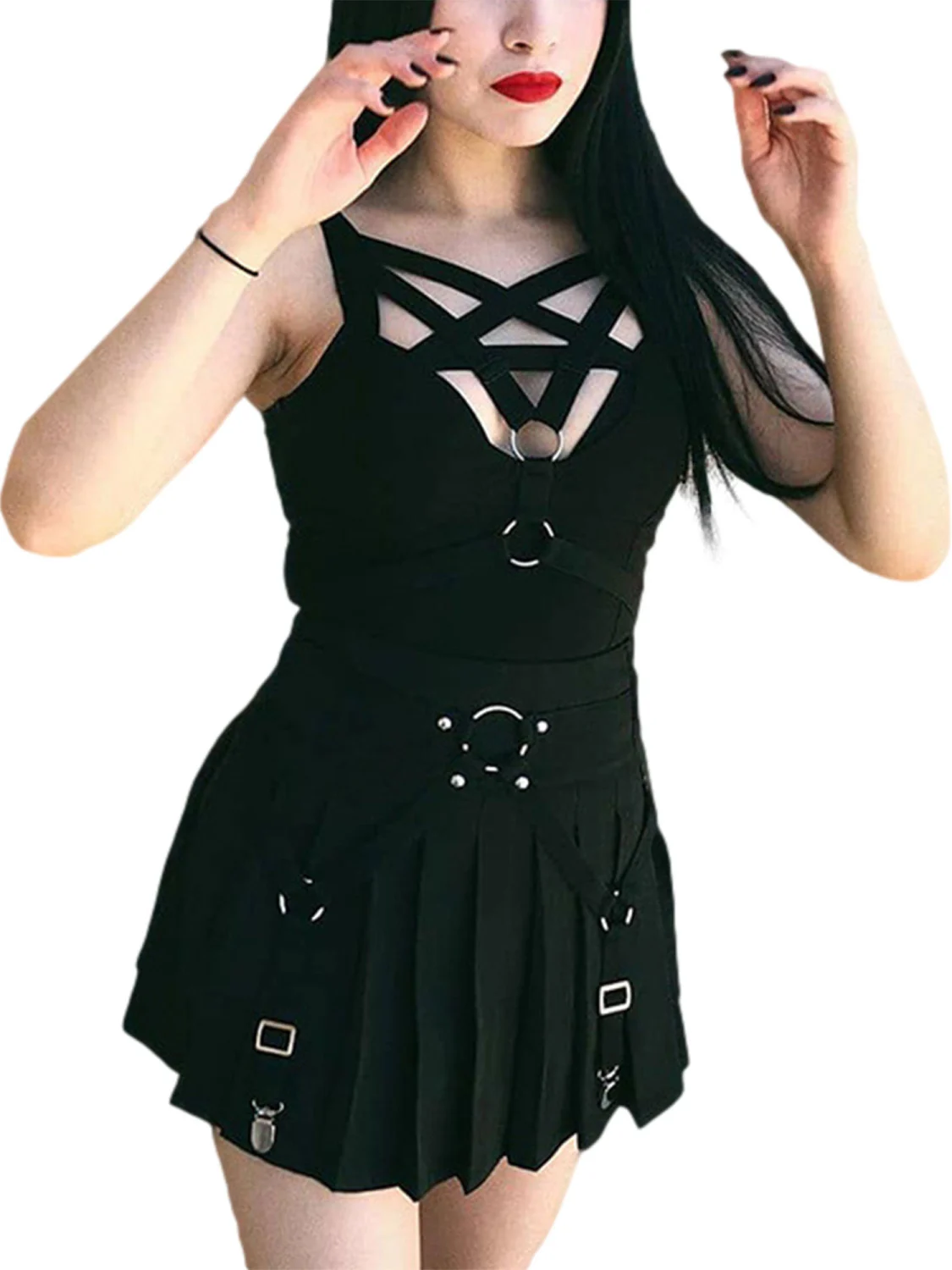Women Mini Punk Style A-Line High Waist Pleated Rings Zipper Skirt