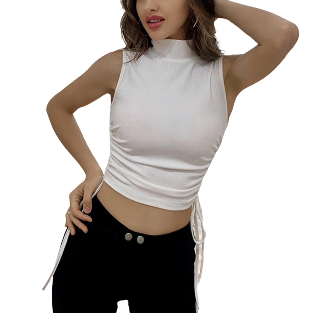 Women Sleeveless Crop Tops Drawstring Mock Neck Rib Knit Tank Tops