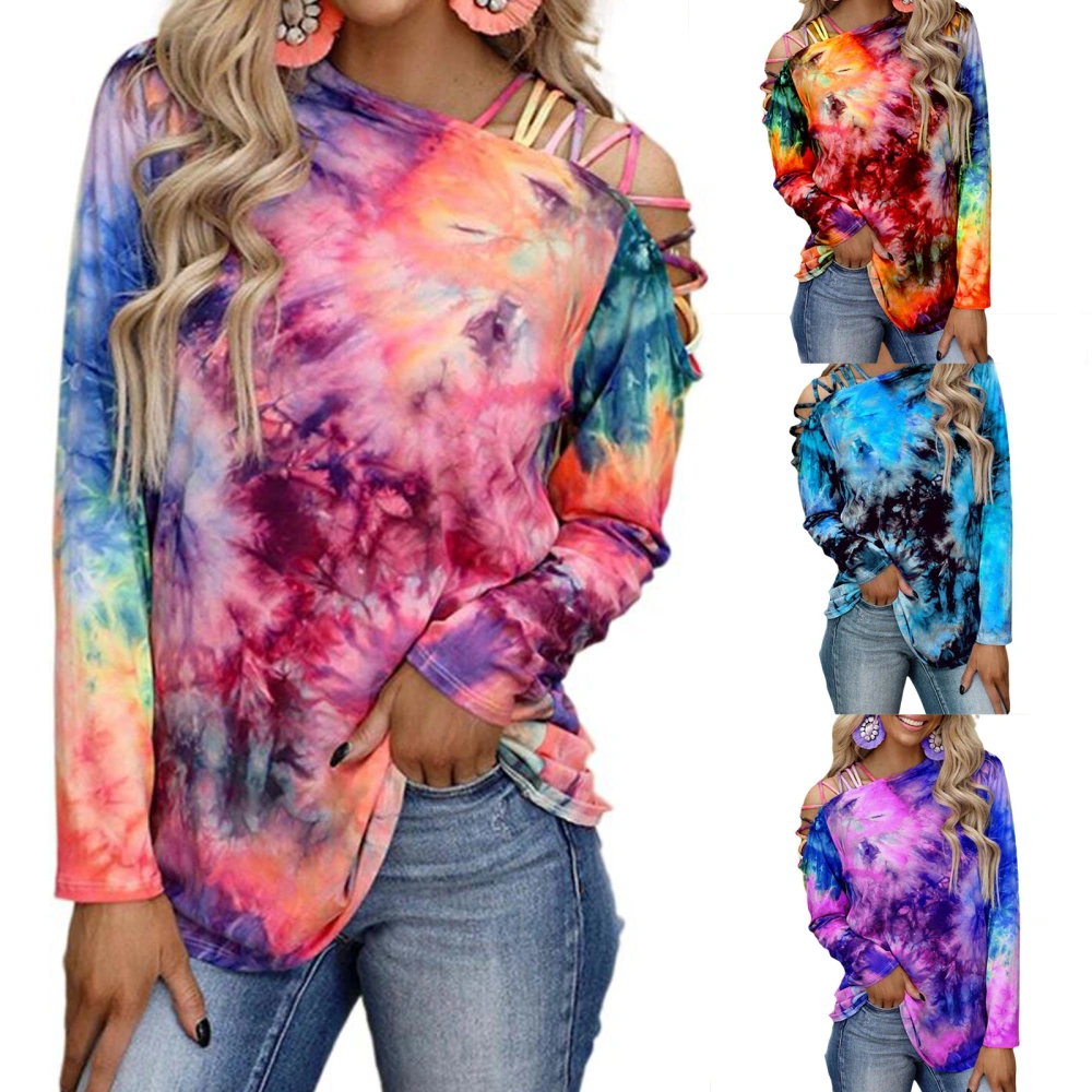 Women Sexy Tie-dye Print Long Sleeve Hollow Out One Shoulder T-shirt