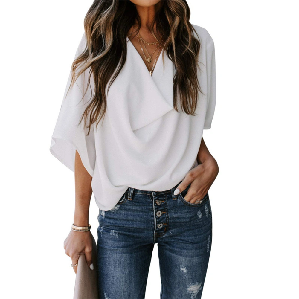 Women Casual Half Sleeves Blouse, Solid Color V-neck Loose Tops