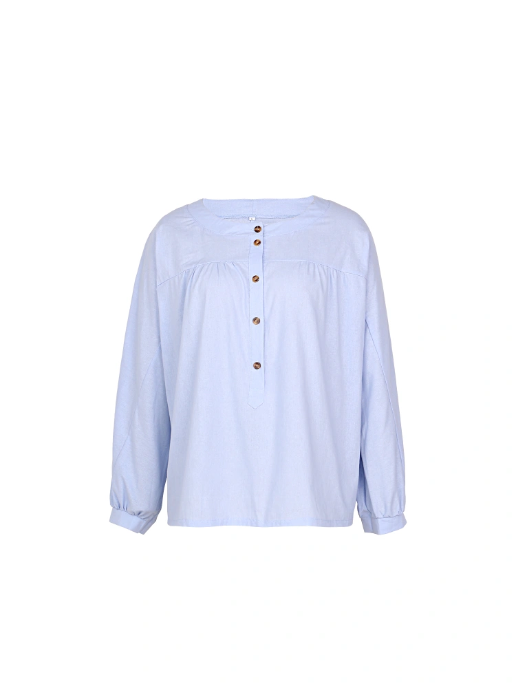 Women's Shirt, Loose Long Sleeve Round Neck Button Tops Blouse