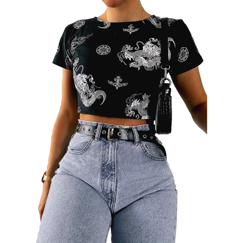 Women T-Shirt Short Sleeve Crewneck Dragon Print Slim
    Fit Crop Tops