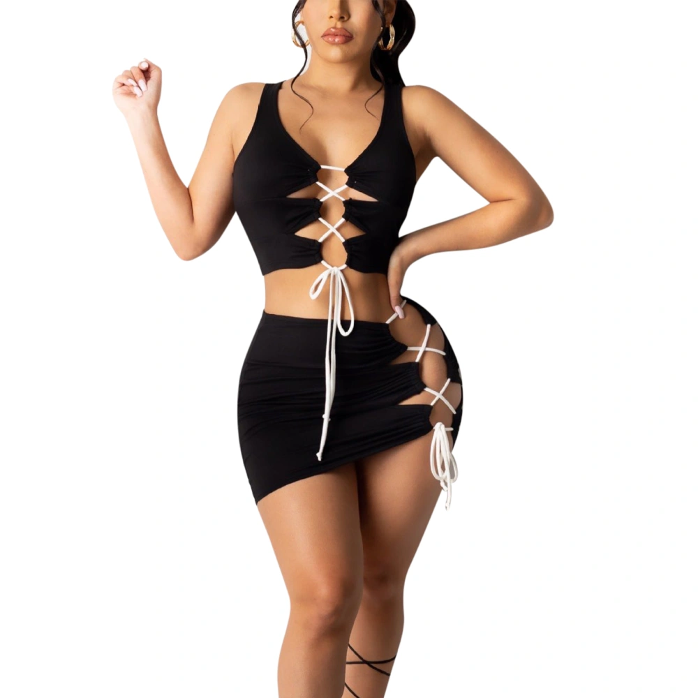 Women's Summer Two Piece Set, Hollow out Lace Up Tops Skirt