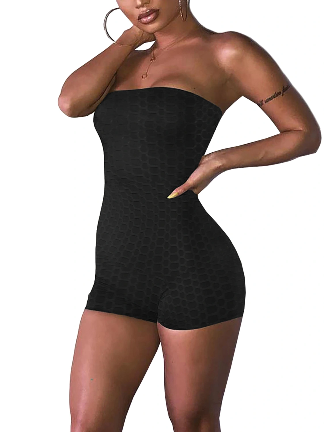 Women Summer Yoga Romper, Strapless Solid Color Boat Neck Playsuit