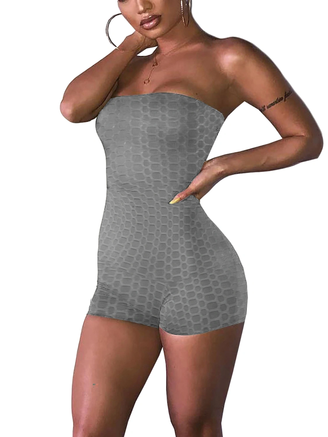 Women Summer Yoga Romper, Strapless Solid Color Boat Neck Playsuit