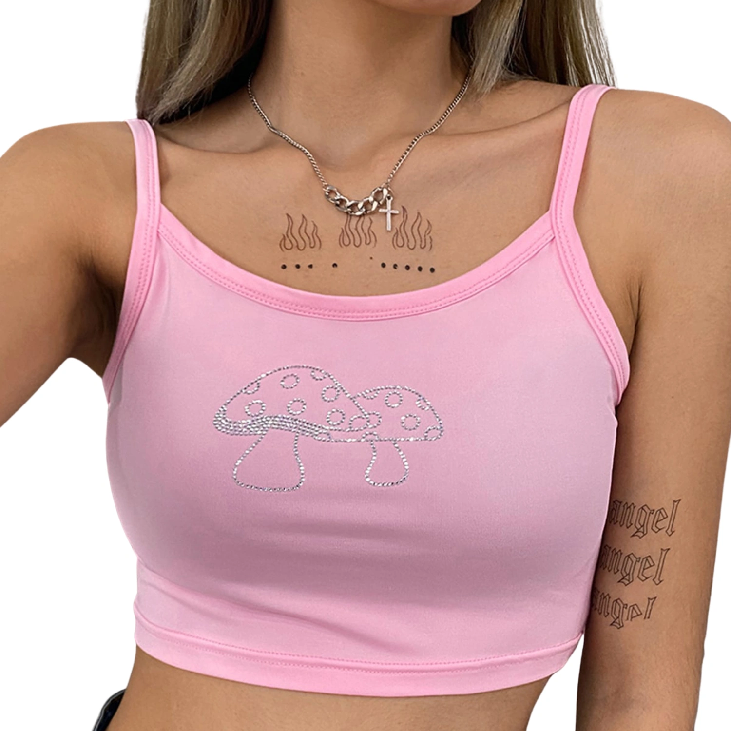 Women Cami Tops Spaghetti Strap Rhinestone Mushroom Pattern Camisole