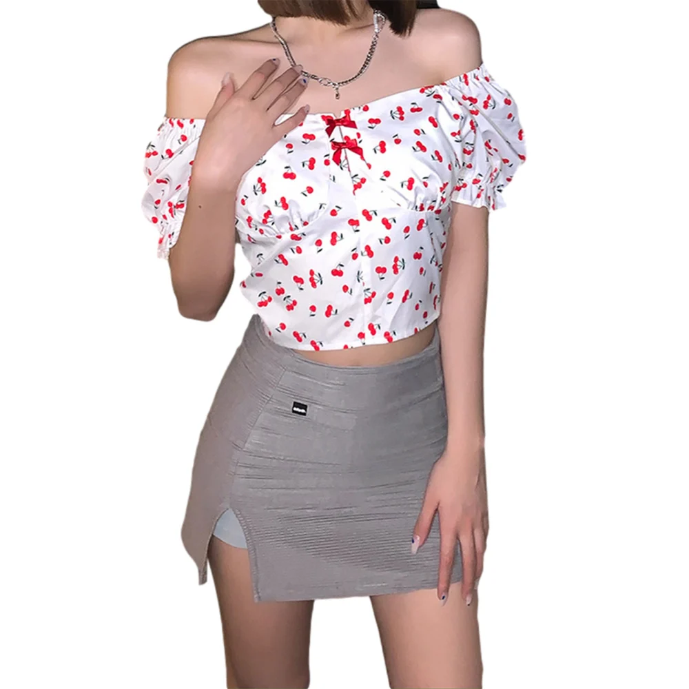 Women Fashion Puff Sleeve Cherry Print Tops Stylish Square Collar Tops