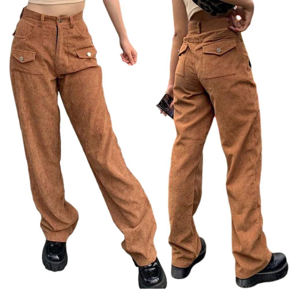 Women Fashion High Waist Pocket Pants Stylish Solid Color Pants