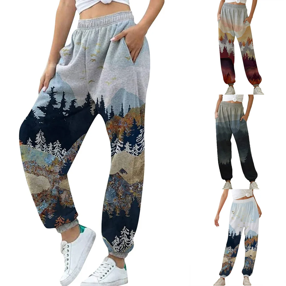 Women Fashion Elastic Waist Landscape Print Pants Casual Pants