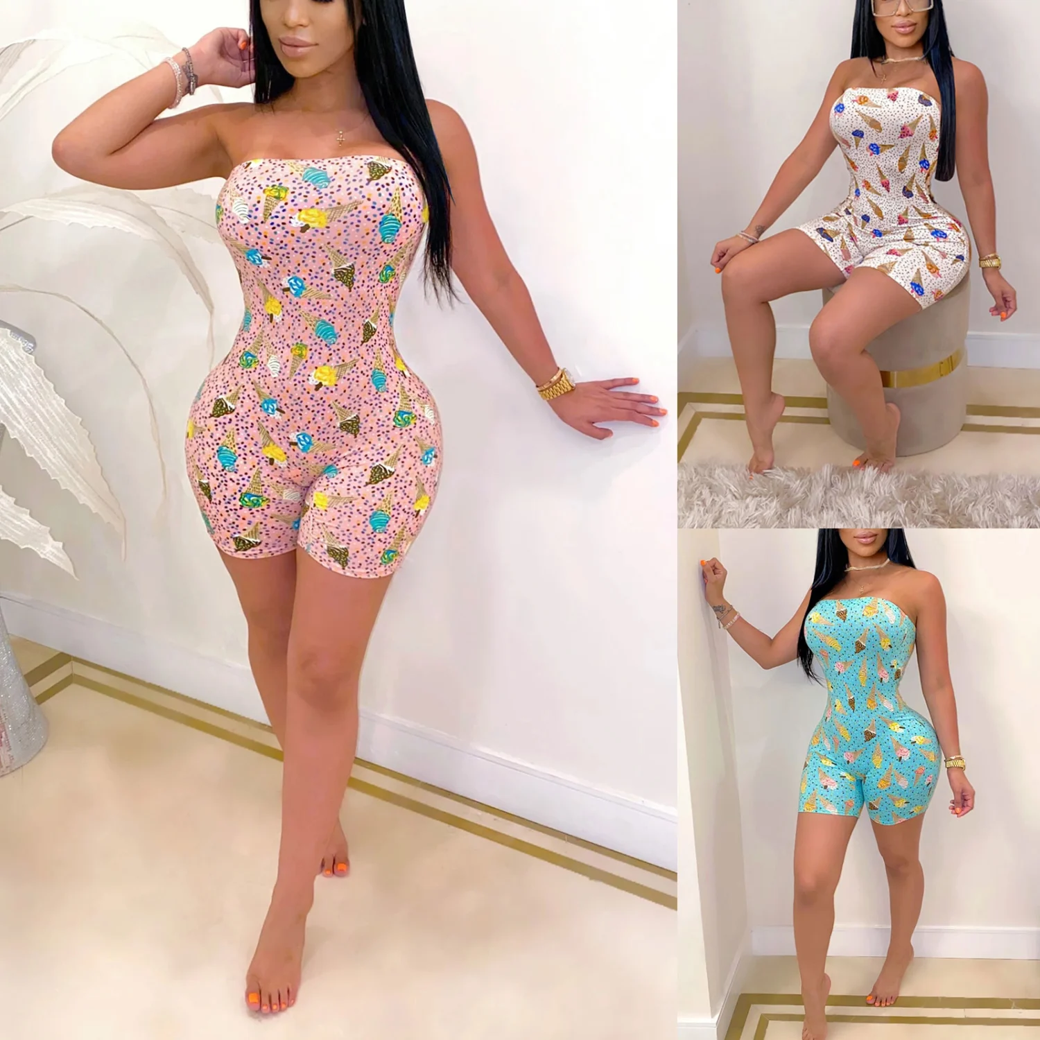 Women’s Fashion Ice Cream Printed Strapless Bottoming Bodysuit